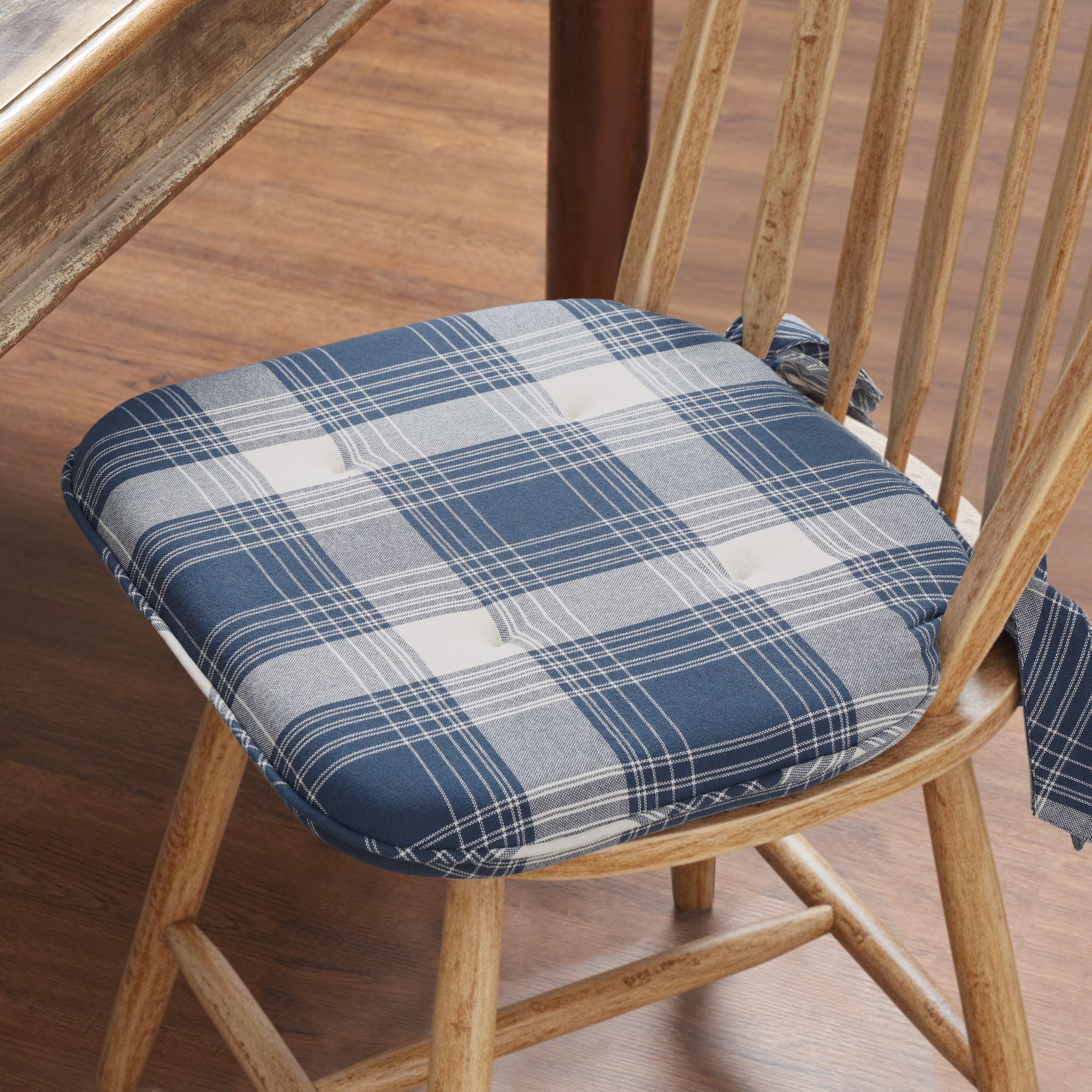 Colonial Blue Plaid Chair Pad- Firm Foam Farmhouse Cushion