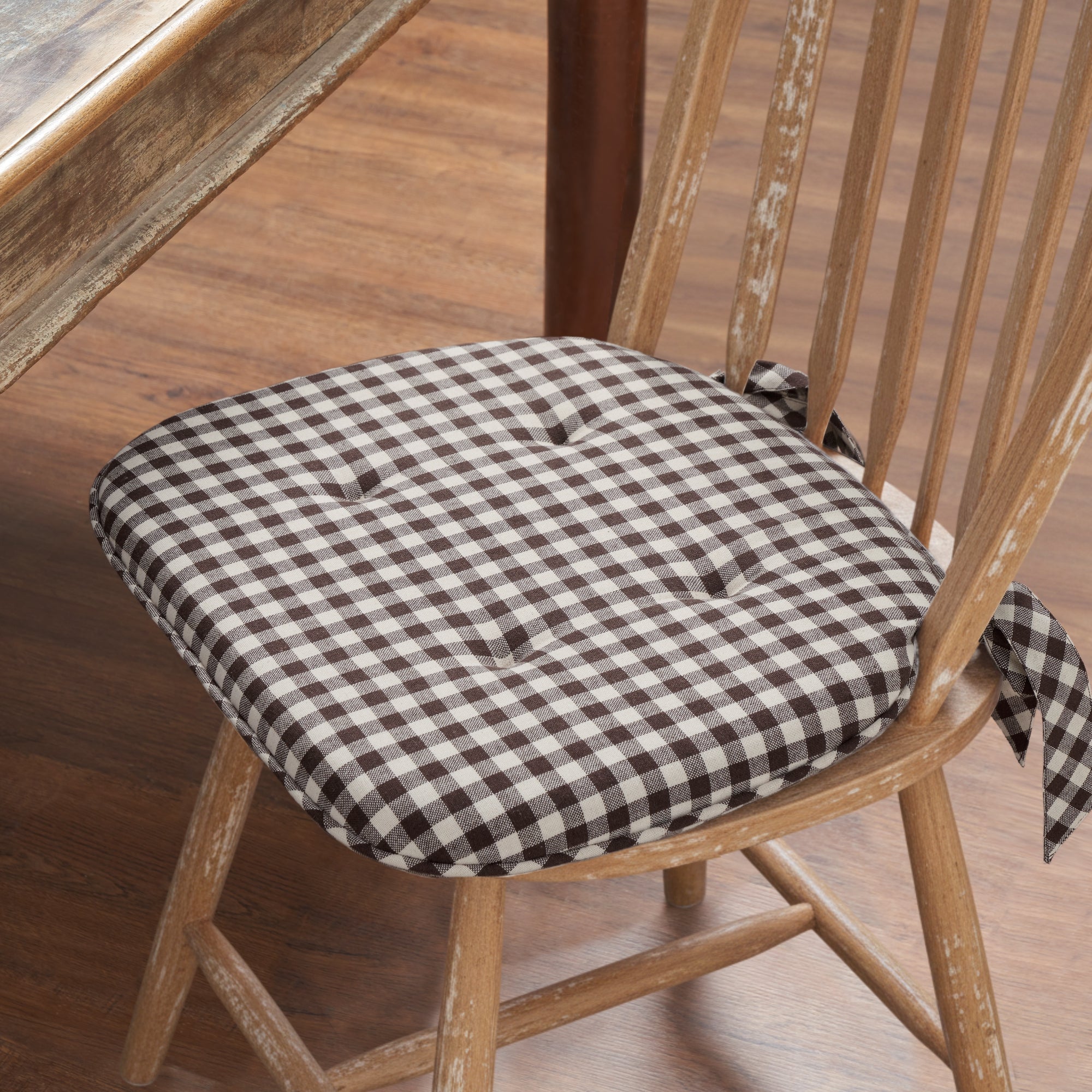 Coffee Brown Gingham Chair Pad- Firm Foam Farmhouse Cushion