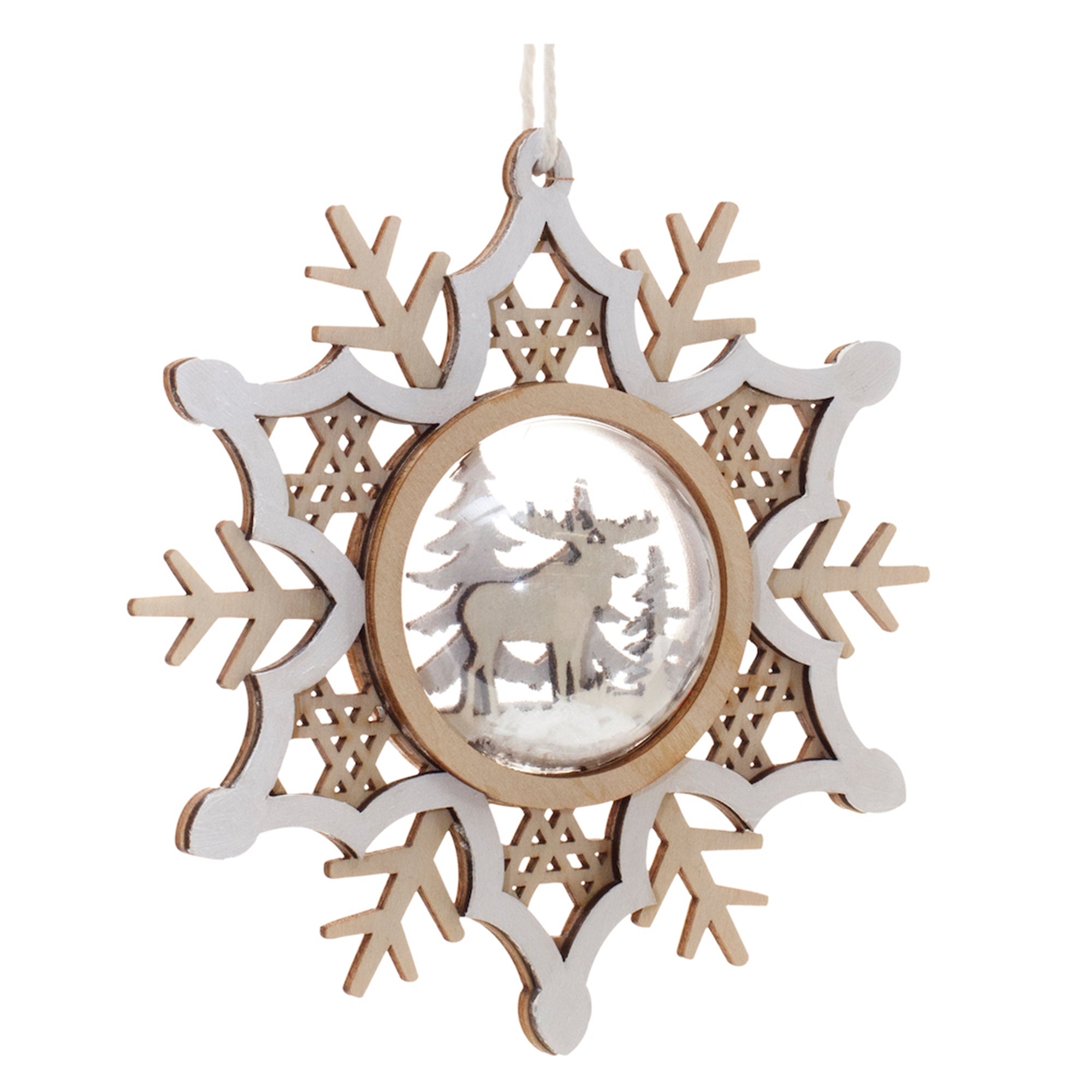 Deer and Tree Snowflake Ornament 5”H Wood/