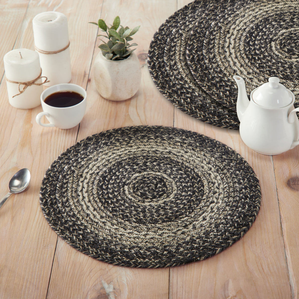 Sawyer Mill Black White Jute Trivet 15 inch Diameter Set of 3