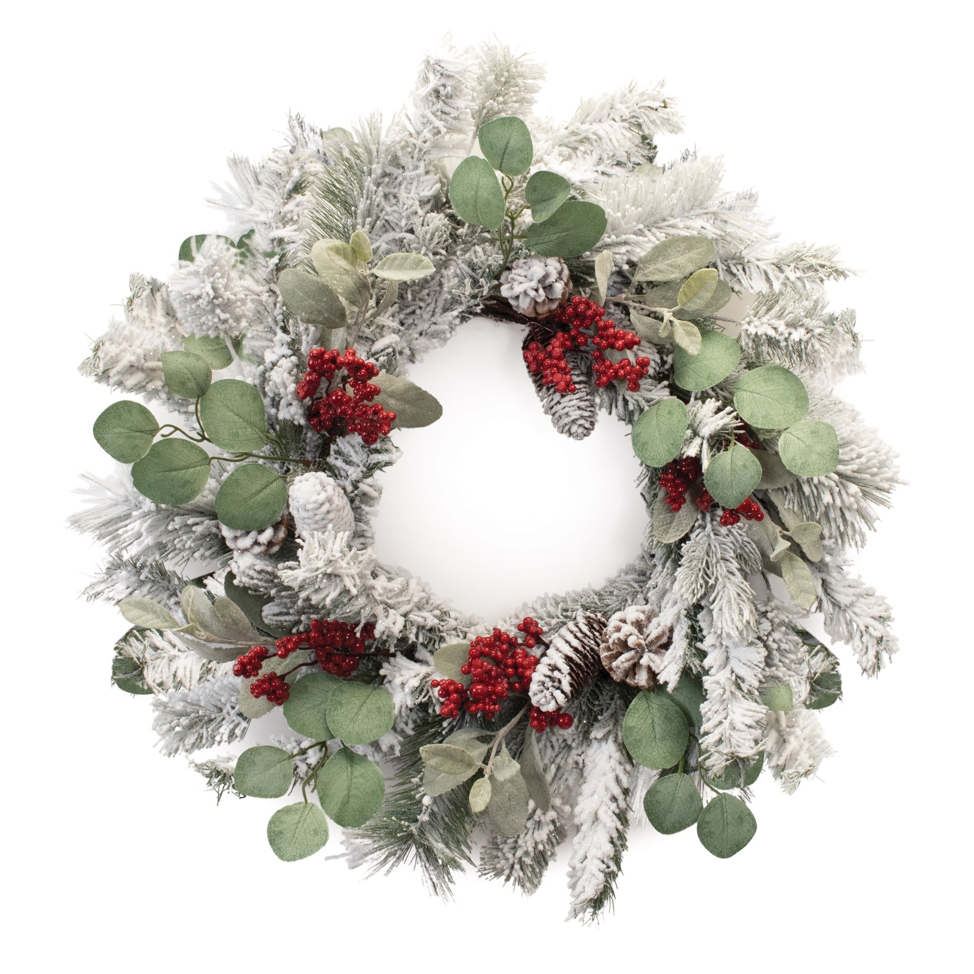 Flocked Pine and Berry Wreath 28”D Polyester/PVC