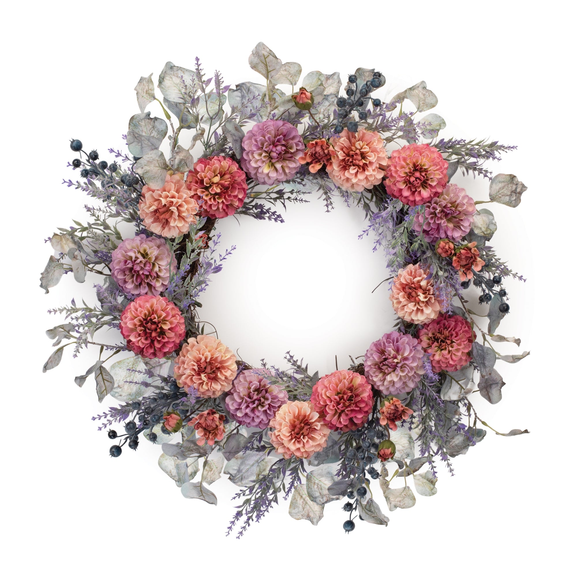 Mixed Zinnia Wreath 24”D Polyester/Twig