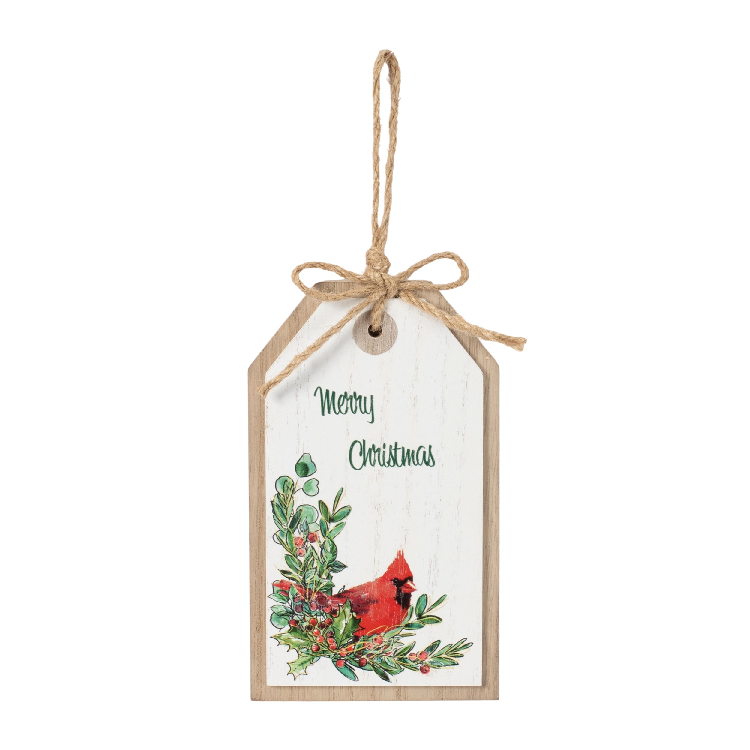 Merry Christmas Cardinal Tag 3.5"L x 6"H Wood/Jute