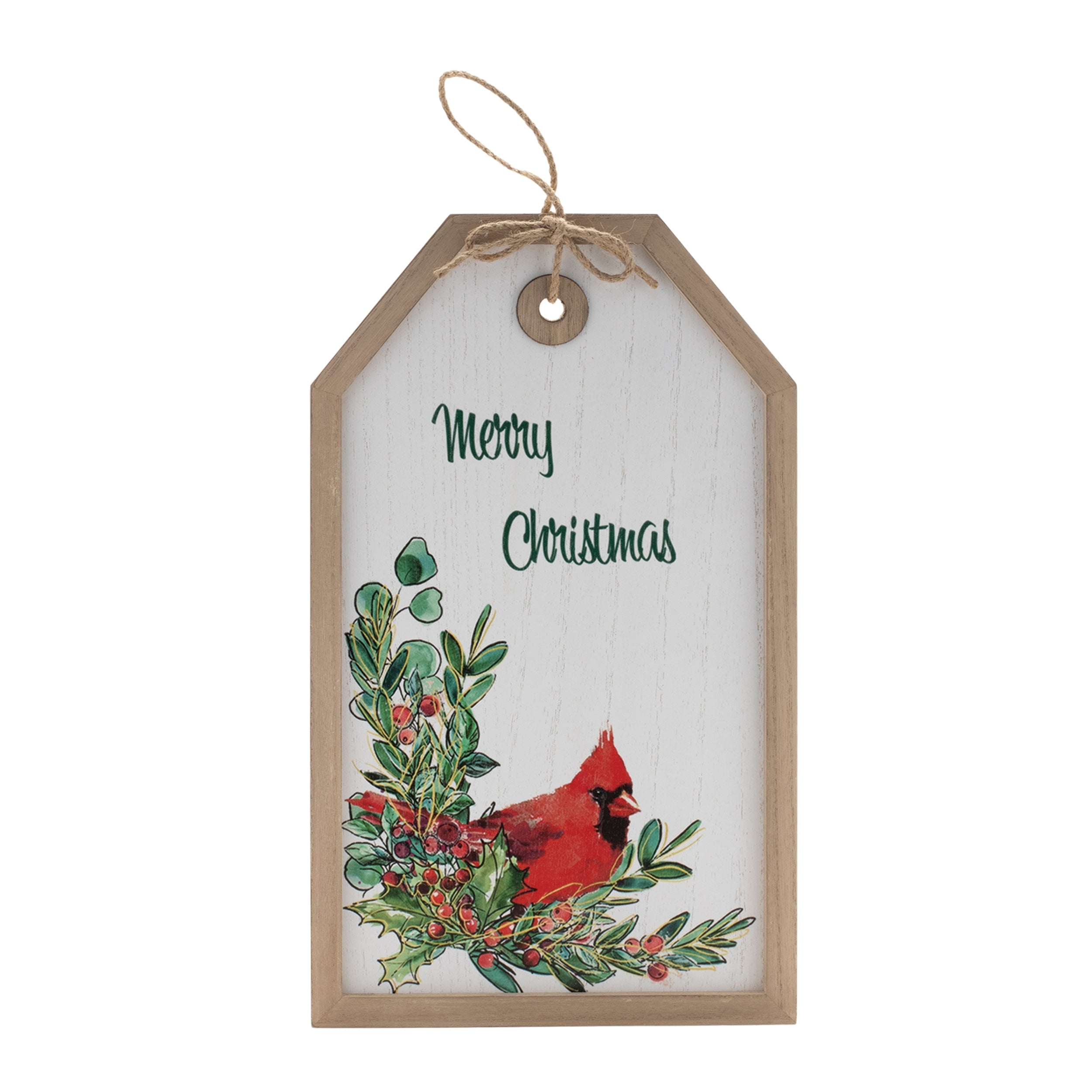 Merry Christmas Cardinal Tag 9.5"L x 16"H Wood/Jute