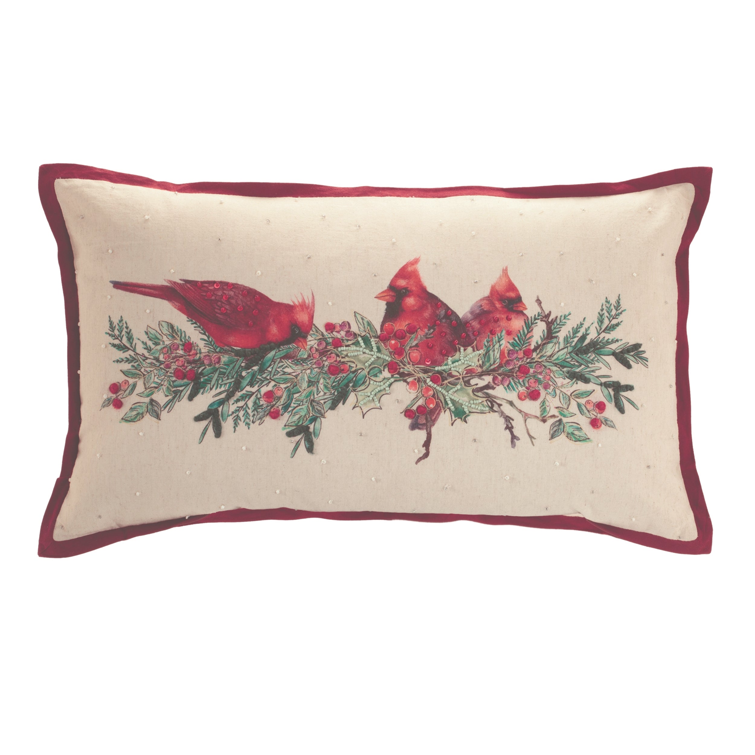 Cardinal and Holly Pillow 24"L x 14"H Polyester