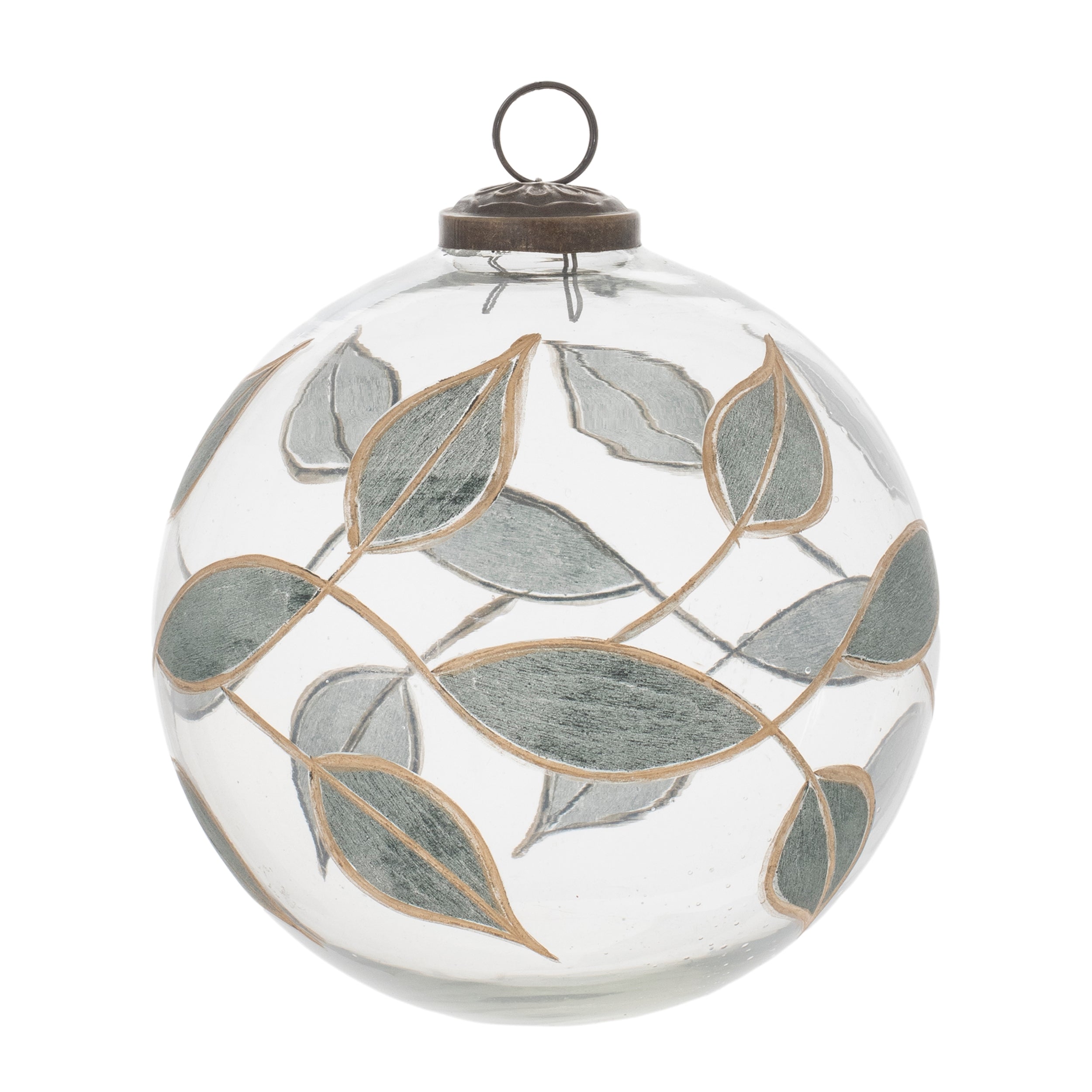 Ball Ornament w/Leaves 5”D Glass