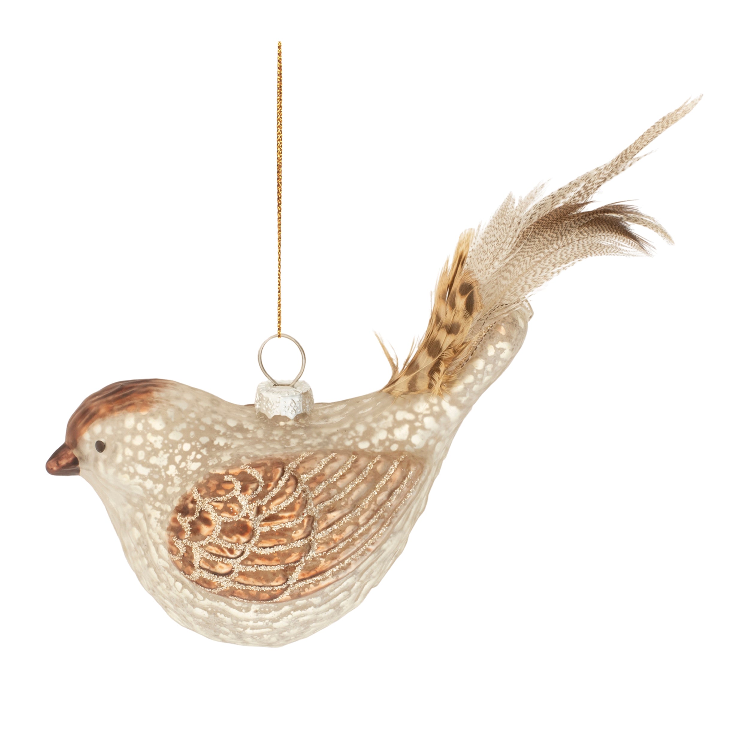 Bird Ornament 6"L x 2.75"H Glass/Feather