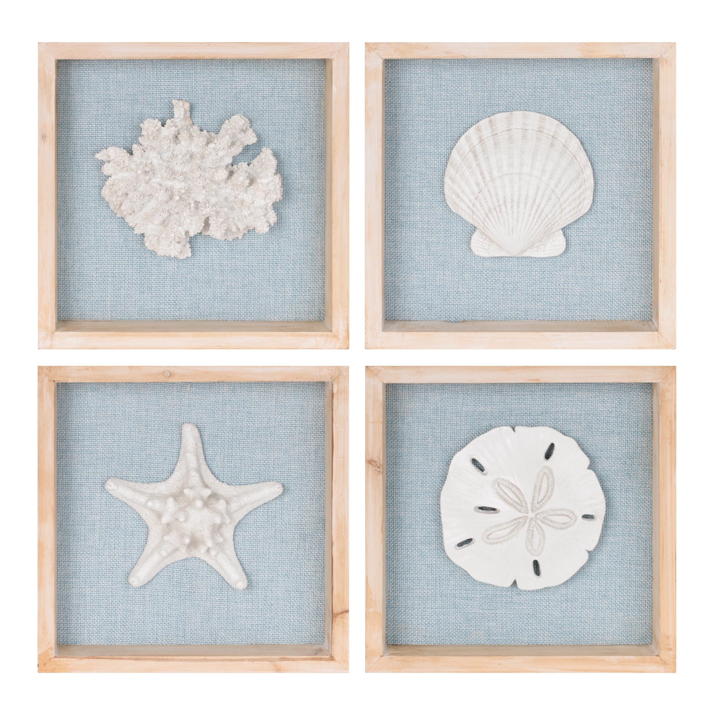 Framed Beach Plaque (4 Asst) 7.75”SQ Resin/Fabric