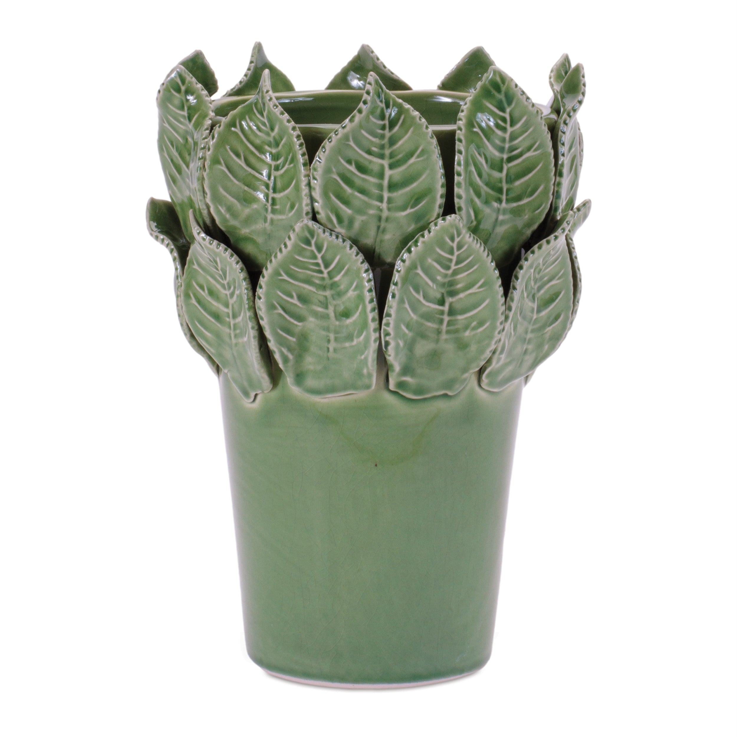 Container w/Leaves 5"D x 7.5"H Stoneware