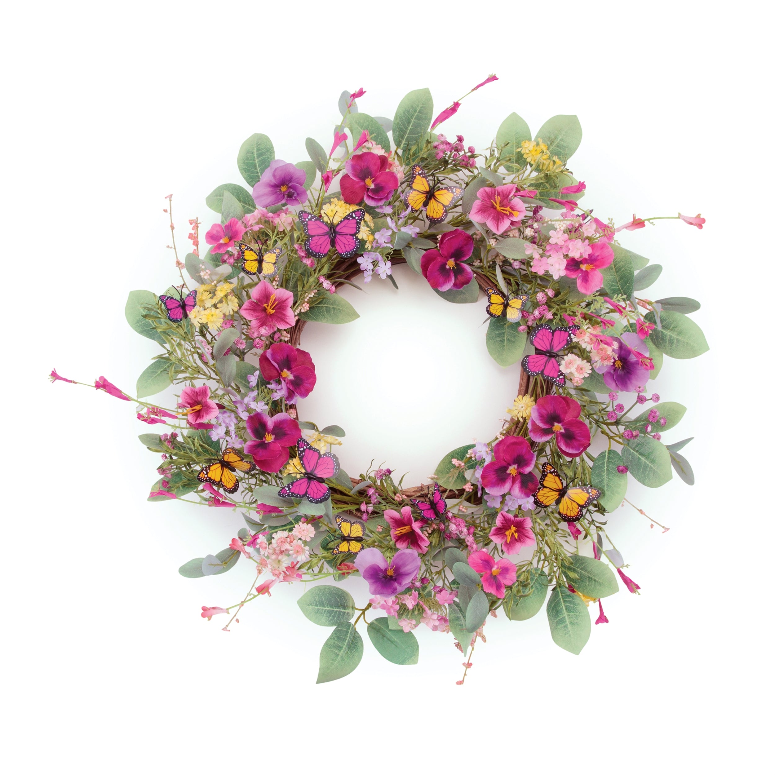 Mixed Pansy Wreath w/Butterflies 22”D Polyester