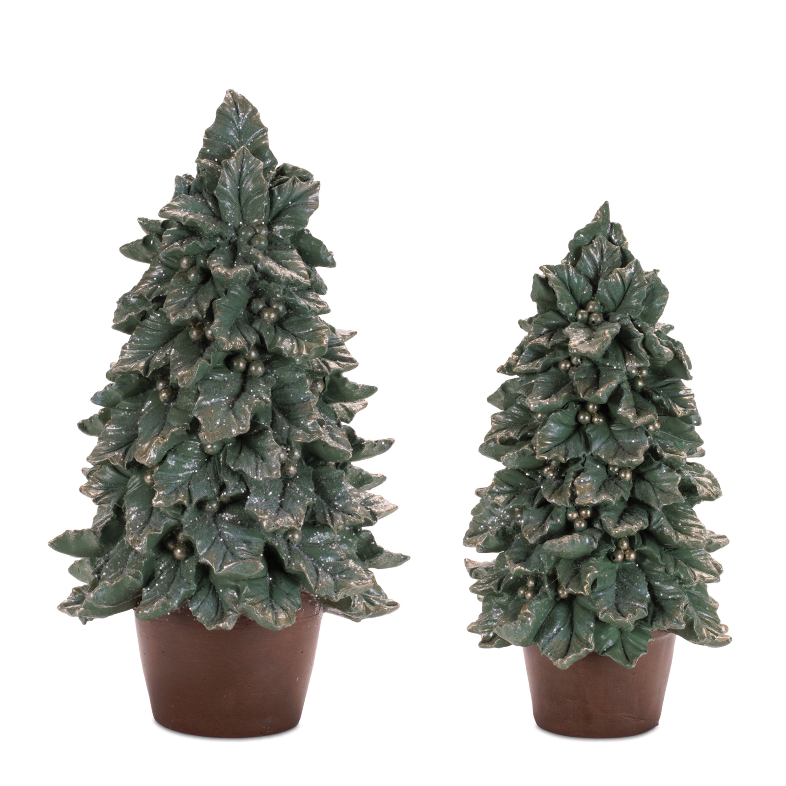 Holly Leaf Potted Tree (Set of 2) 12.25"H, 15.25"H Resin