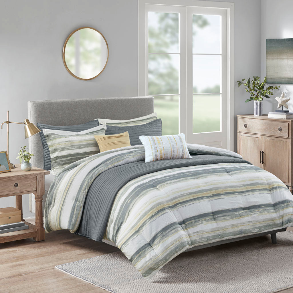 Marina 5 Piece Stripe Herringbone Comforter Set with Throw Pillows