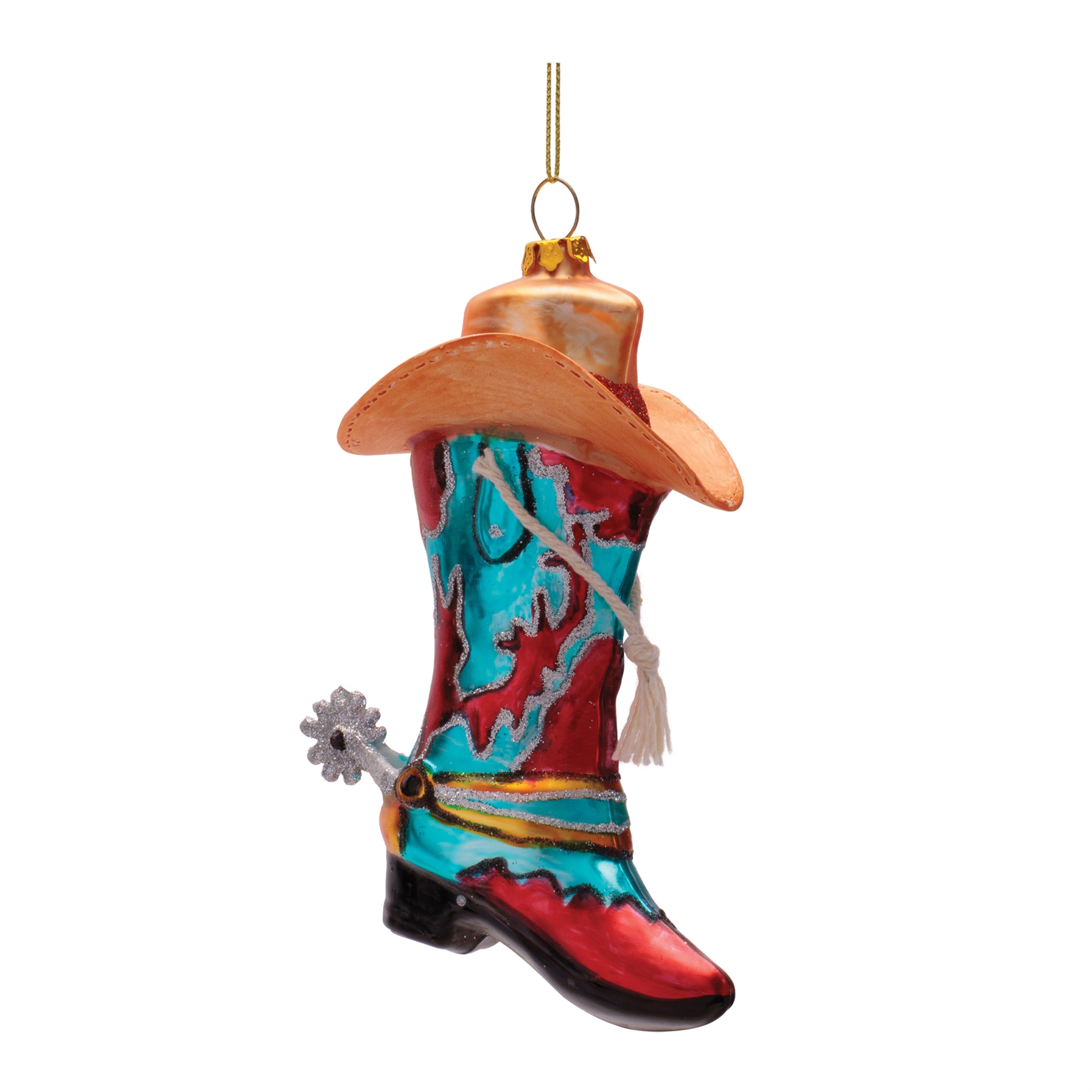 Cowboy Boot and Hat Ornament 6”H Glass