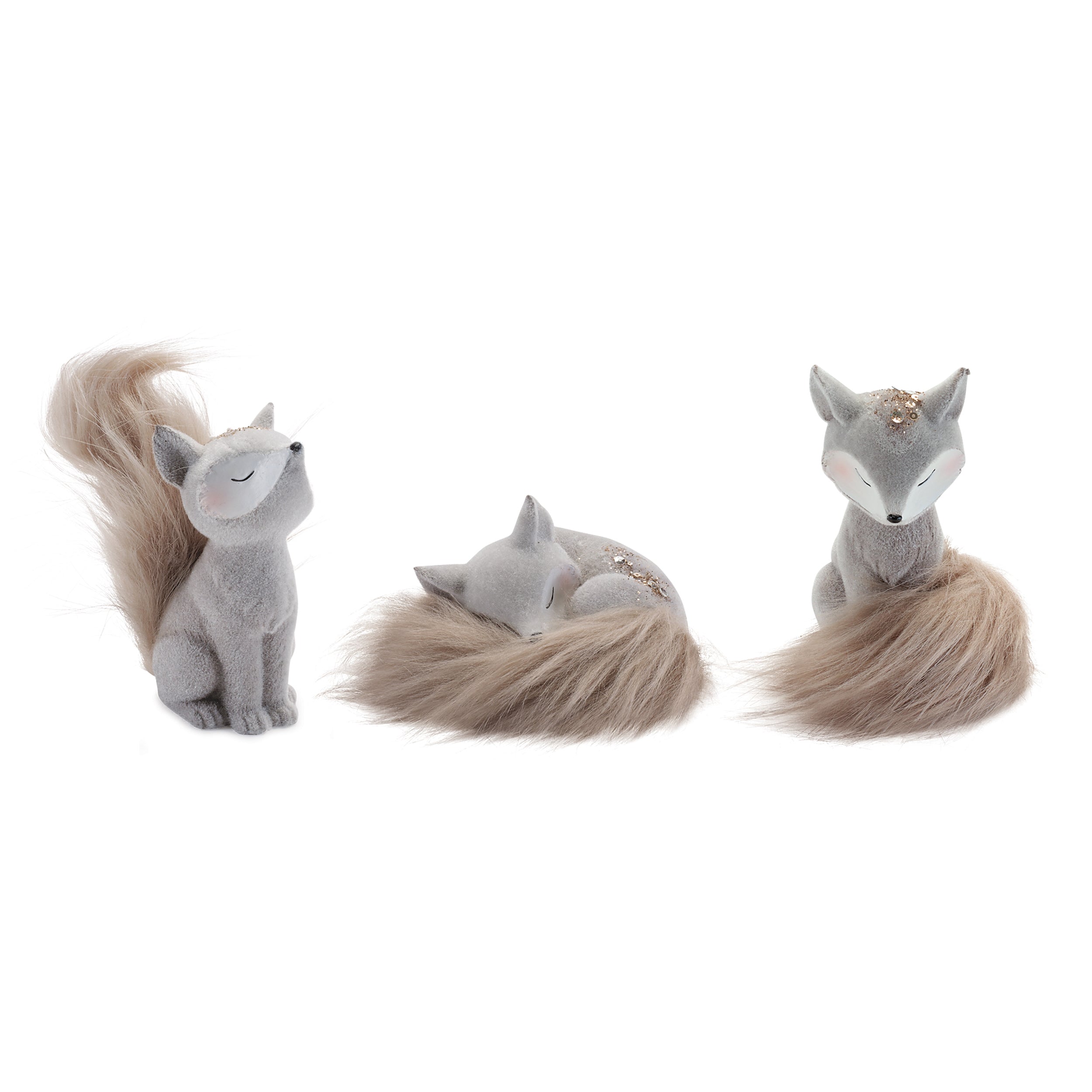 Fox (3 set of) 2.75"H, 5"H, 5.25"H Resin/Faux Fur