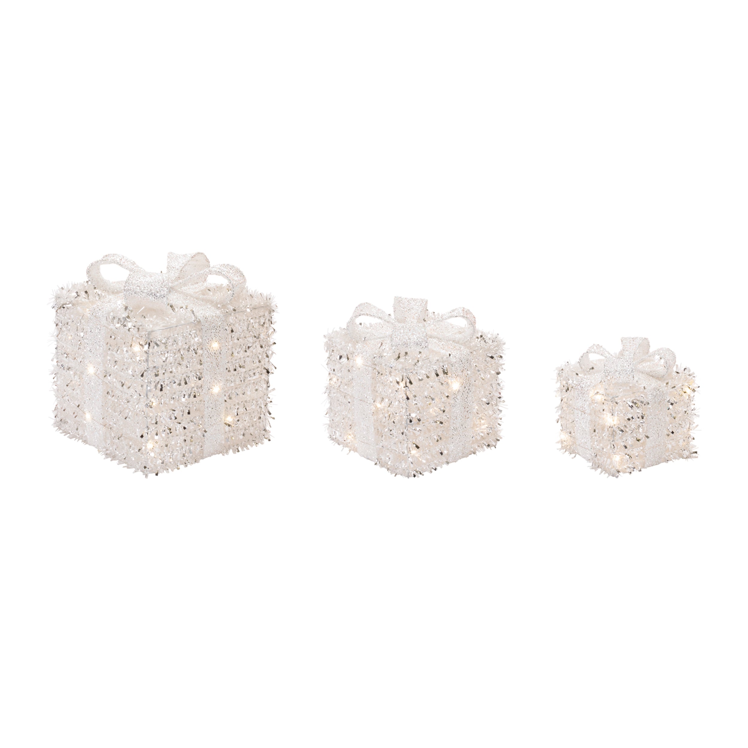 LED Package (Set of 3) 7"H, 9.25"H, 11.75"H Tinsel 3 AA Batteries Not Included/USB Cord Included