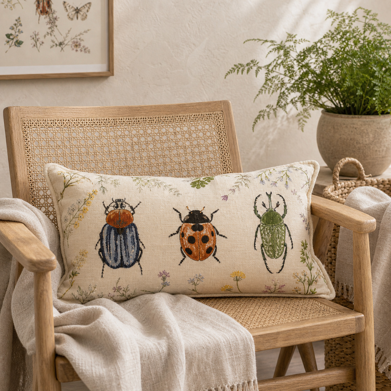 Embroidered Beetles Lumbar Pillow