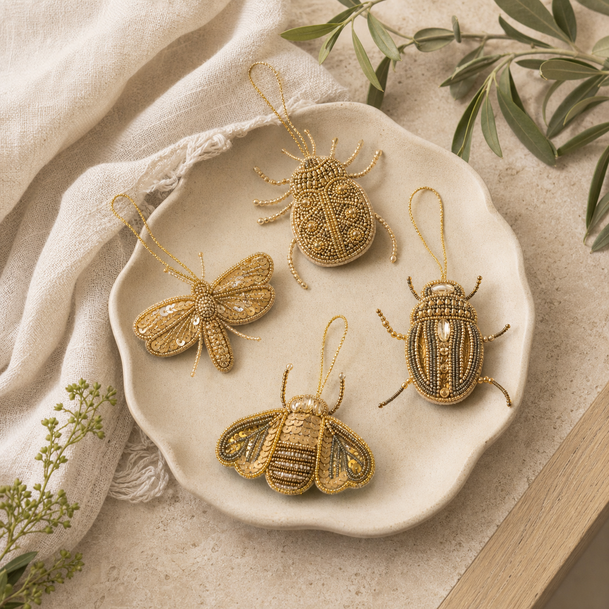 Gold Beaded Beetle Ornaments (S/4)