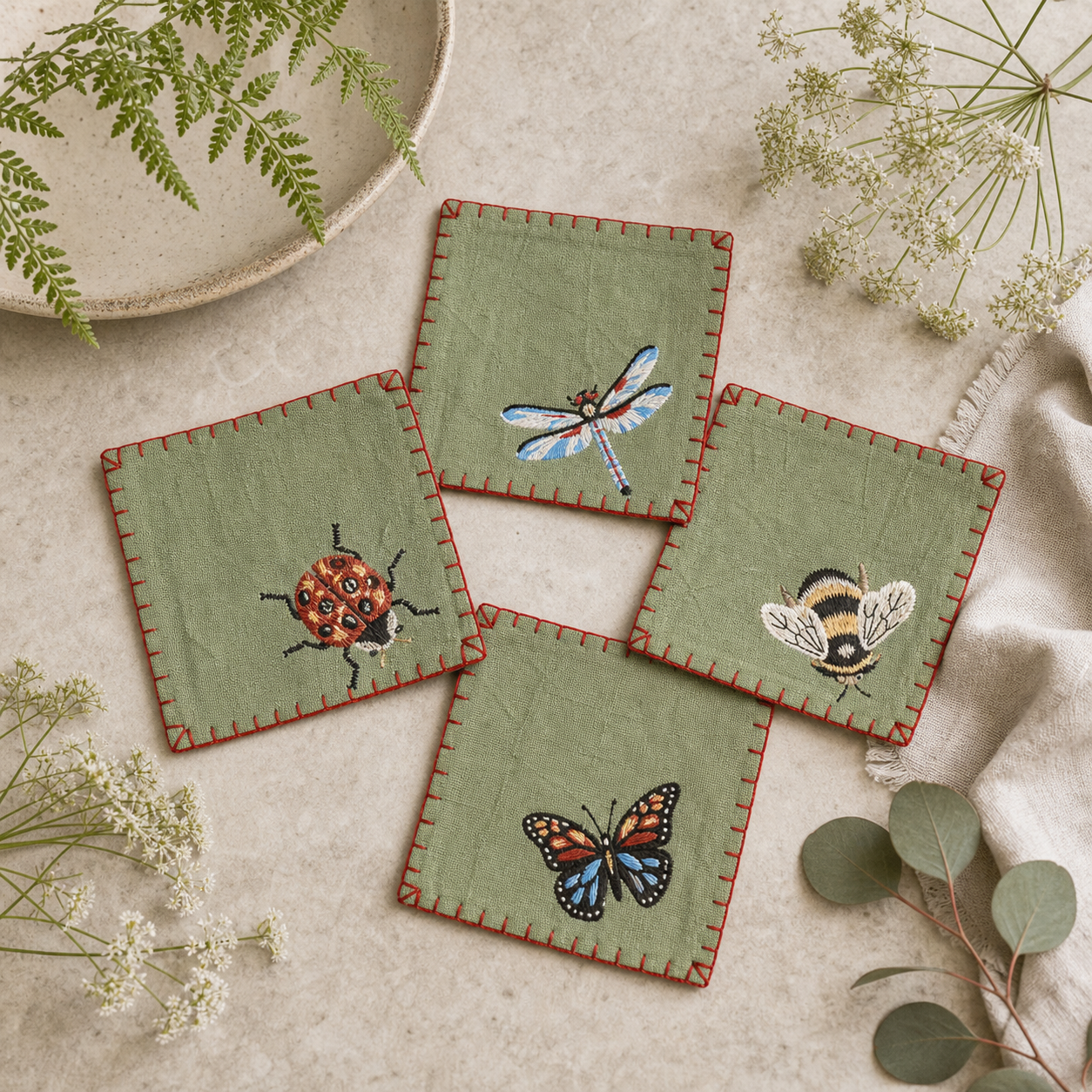 Embroidered Bugs Cocktail Napkins (S/4)