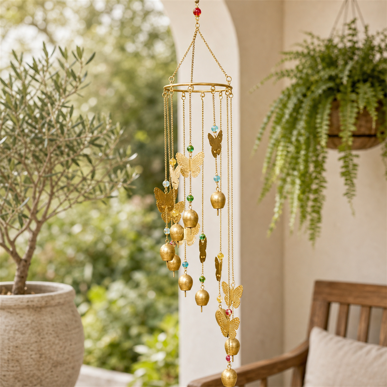 Gold Bells With Butterflies And Beads Wind Chime