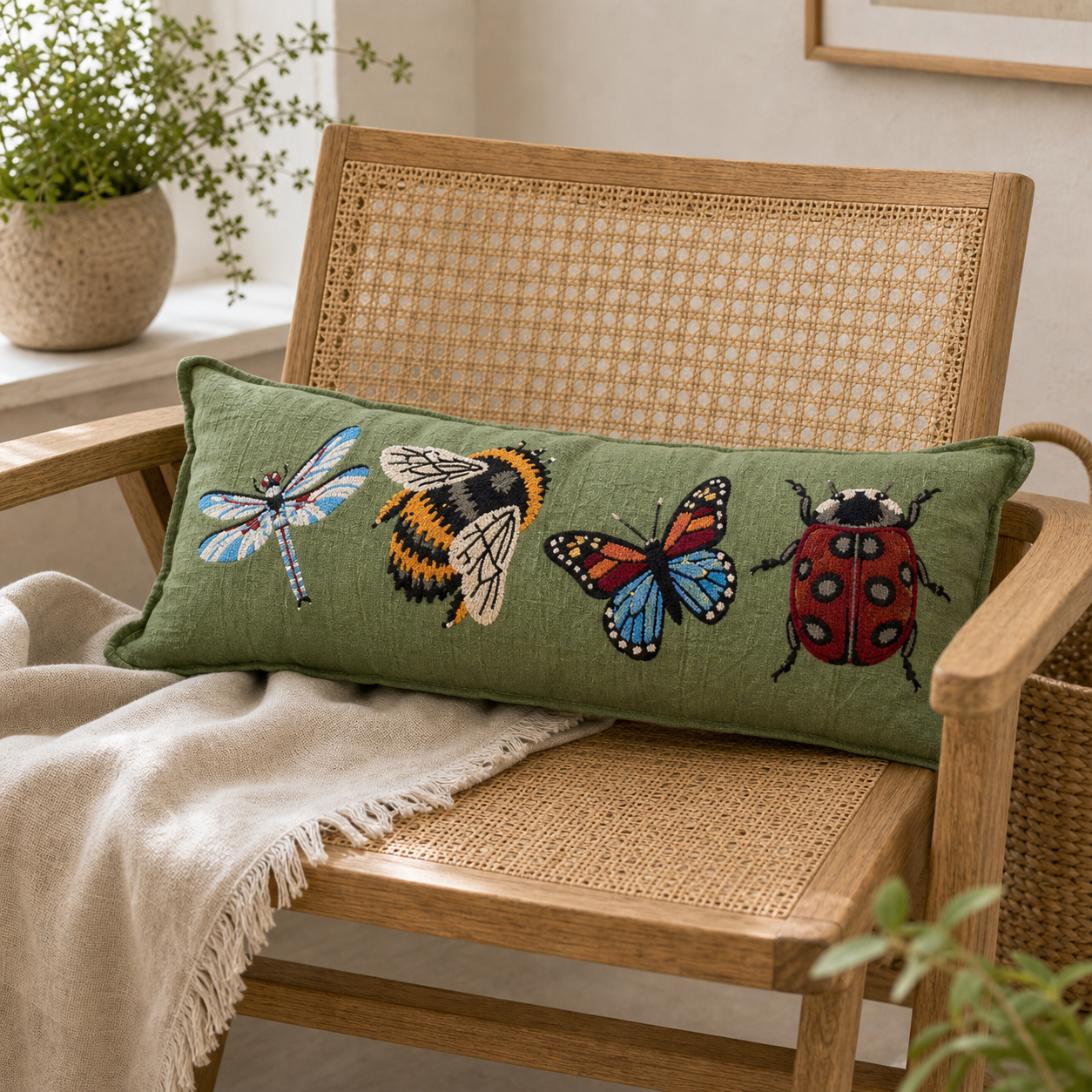 Green Canvas Embroidered Bug Pillow