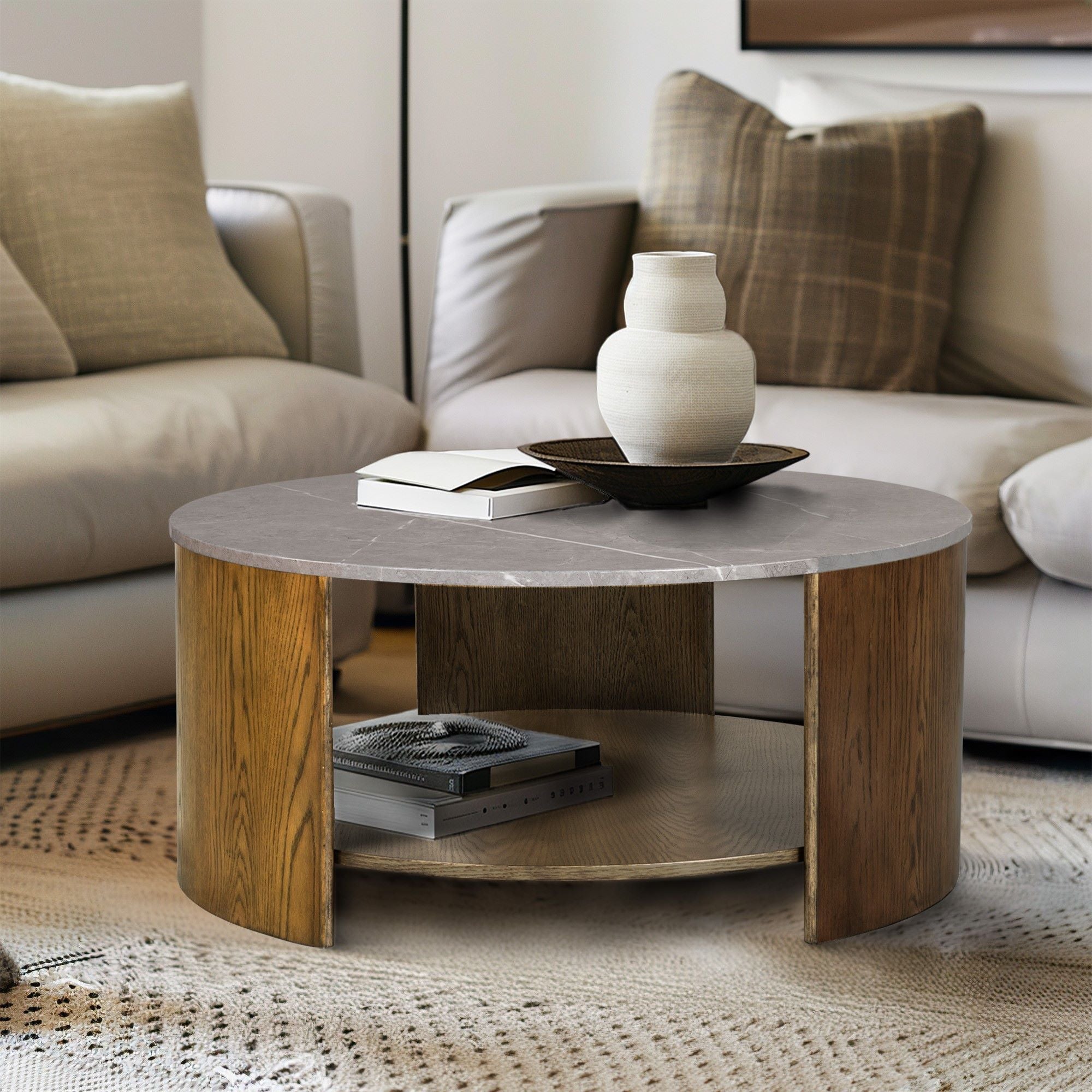 Keegan Faux White Marble Console Table with Reeded Wooden Pillar Legs
