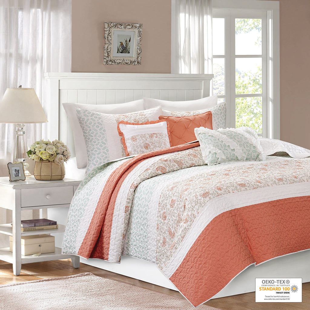 Dawn 6 Piece Cotton Percale Quilt Set with Throw Pillows