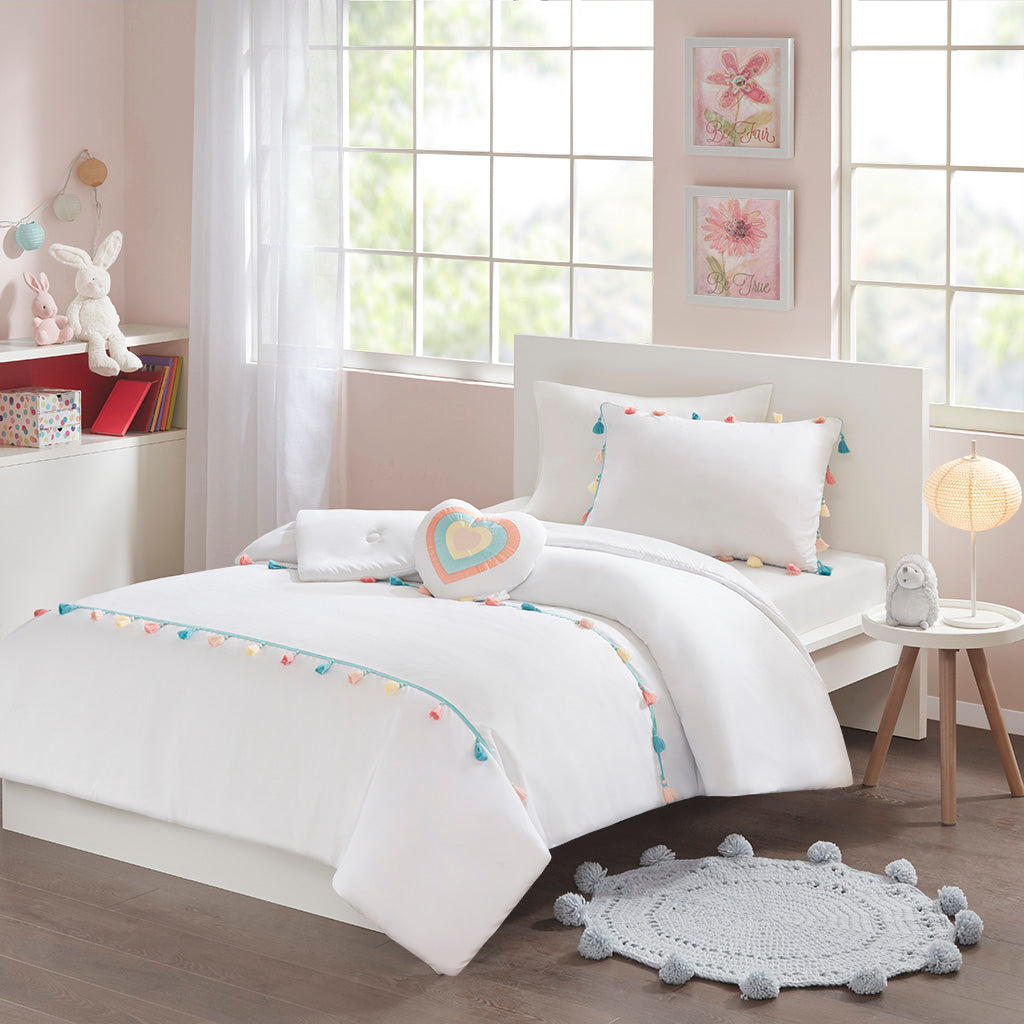 Tessa Tassel Comforter Set with Heart Shaped Throw Pillow
