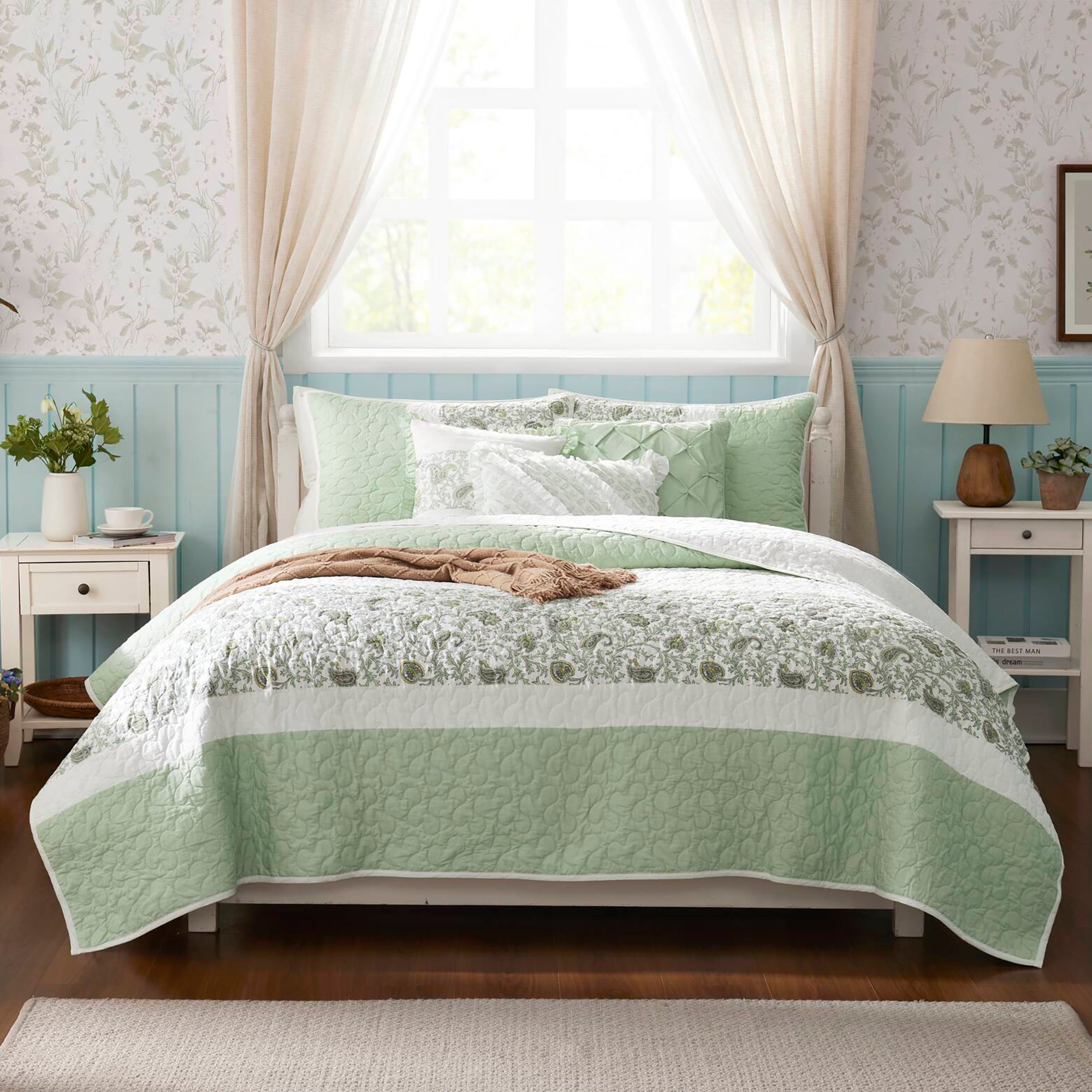 6 Piece Cotton Percale Quilt Set with Throw Pillows