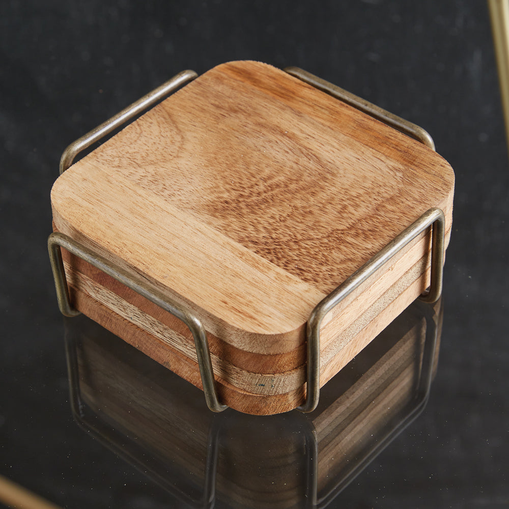 Antique Brass Wooden Coaster Set