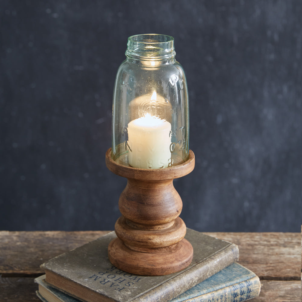 Wooden Candle Holder w/ Glass Chimney - Small
