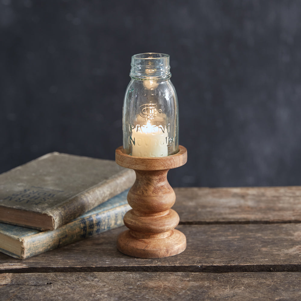 Wooden Candle Holder w/ Glass Chimney (Sm)