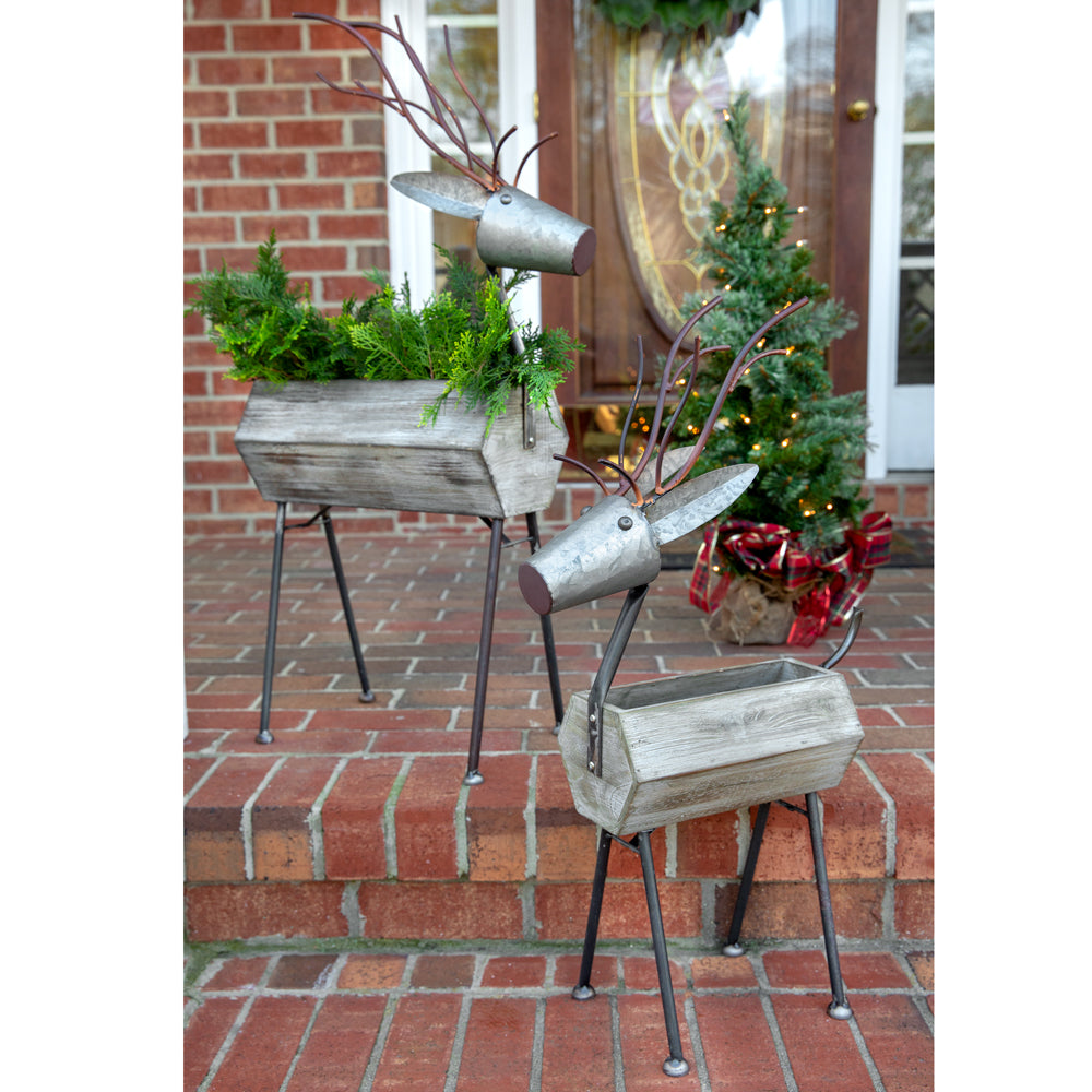 Metal and Wood Reindeer Planters (S/2)