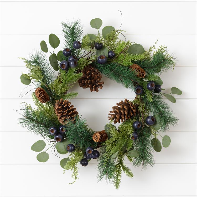 24" Evergreen Wreath w/ Blue Pods