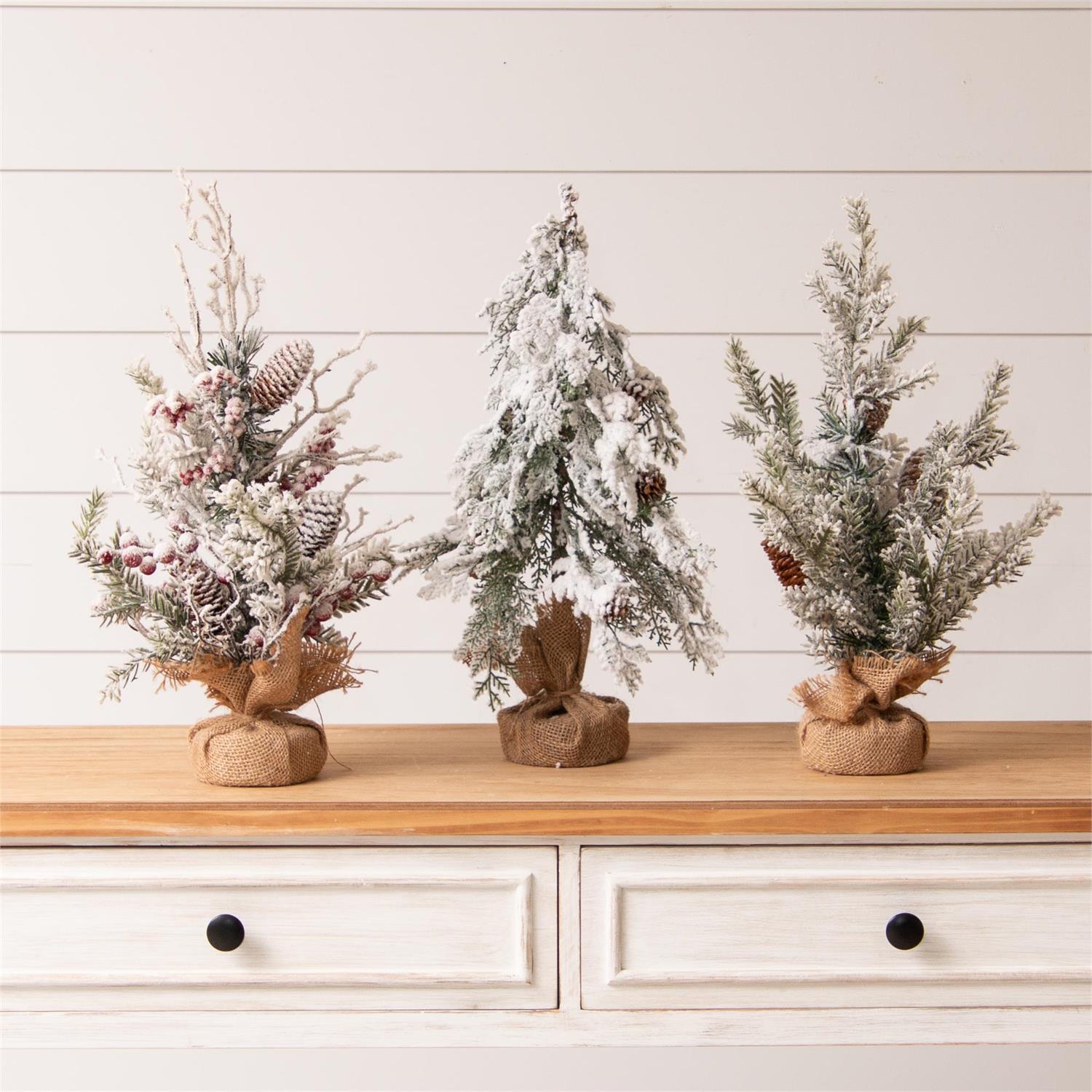 Flocked Tabletop Christmas Trees with Burlap Base