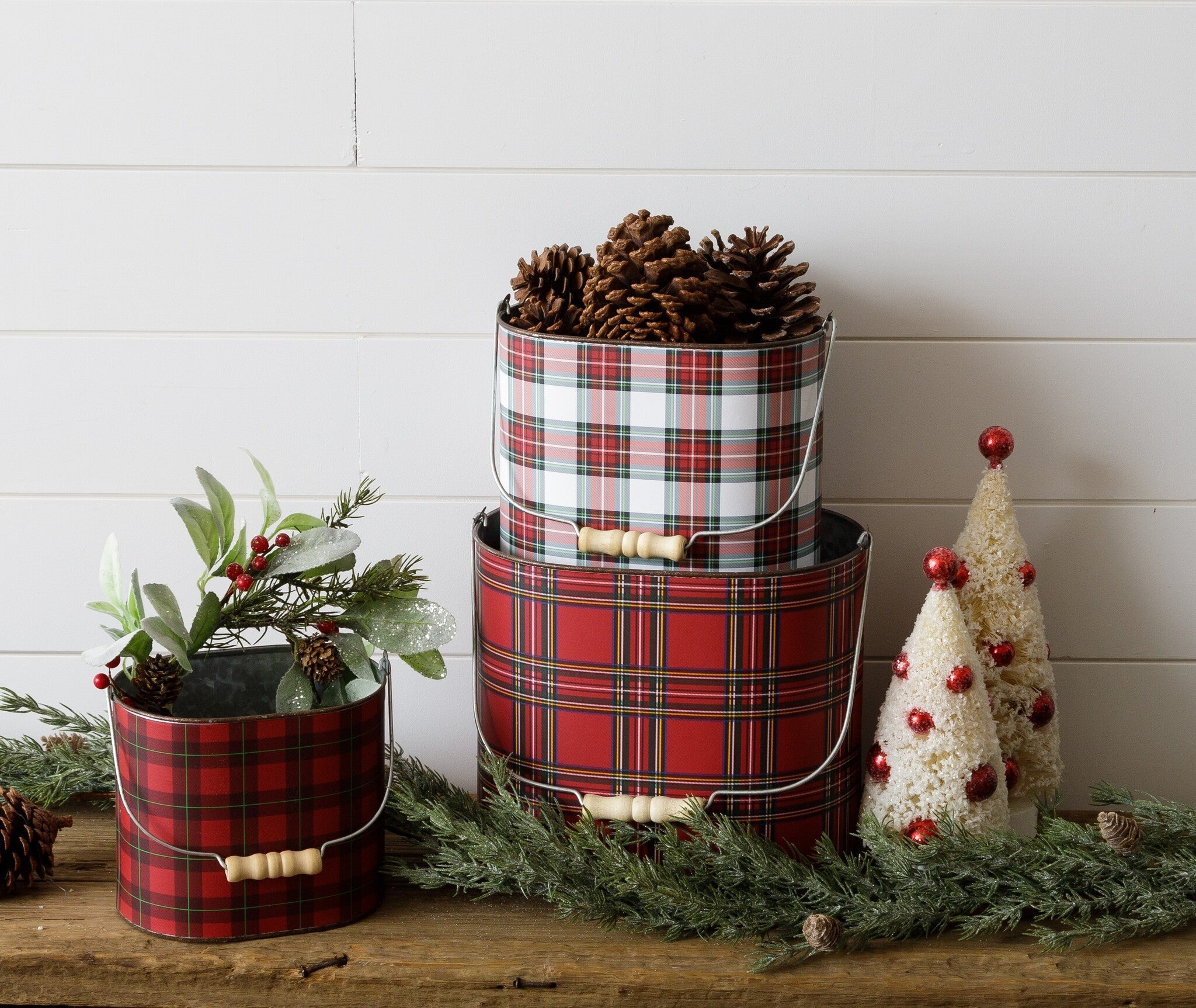 Red Tartan Pails w/ Handles (S/3)