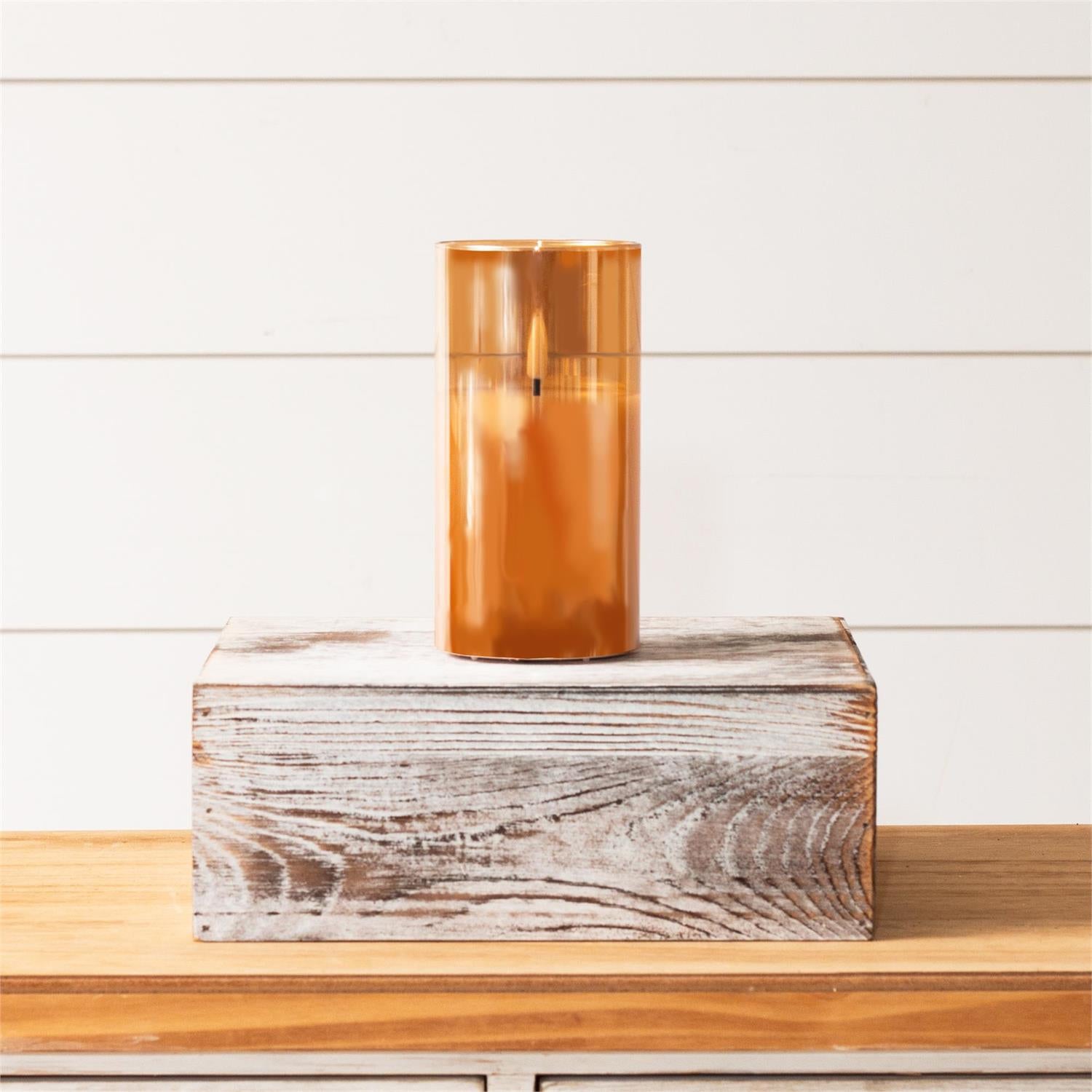 Pillar Amber Glass LED Flickering Candle, Lg