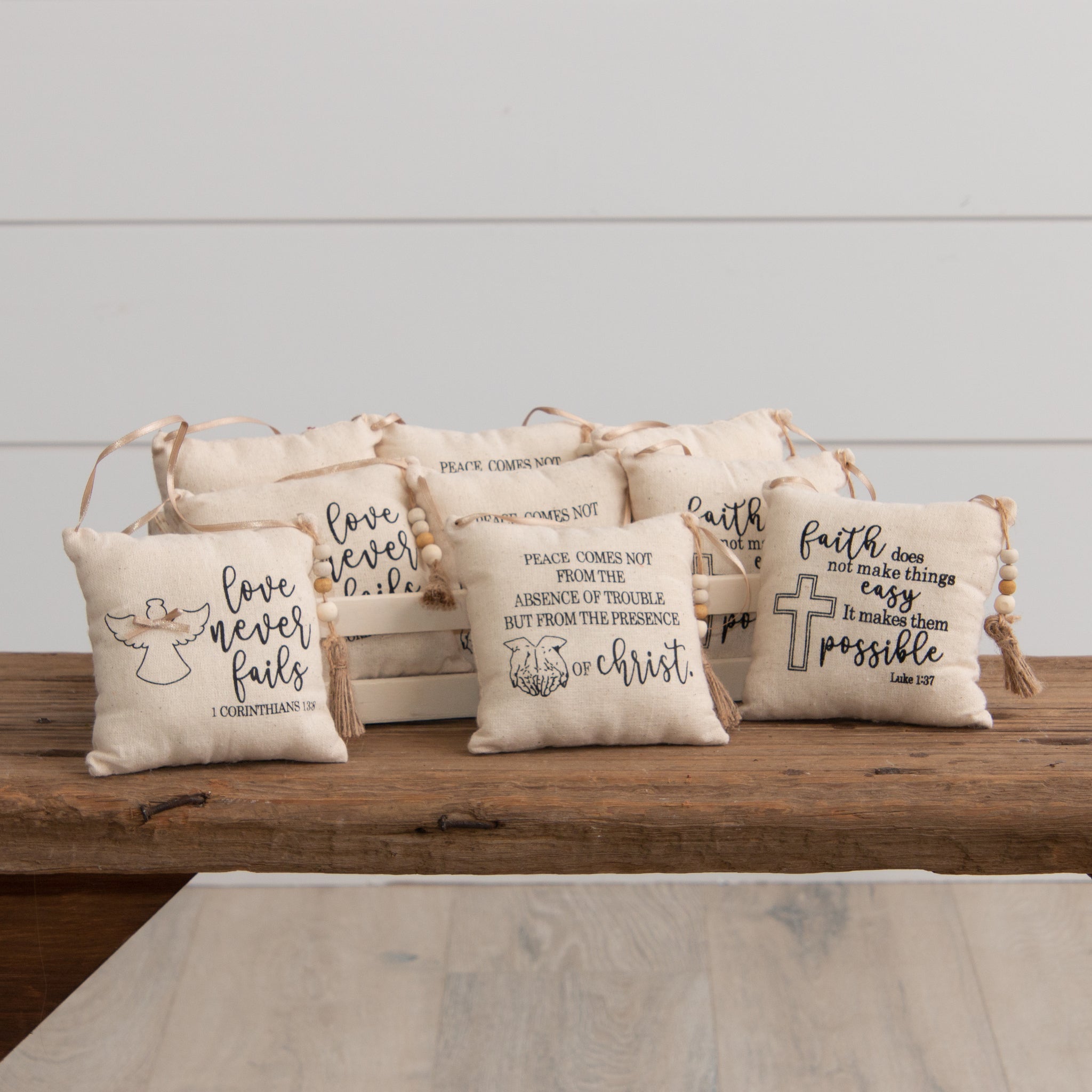 Crate Of 9 - Mini Pillow Ornaments, Encouragements