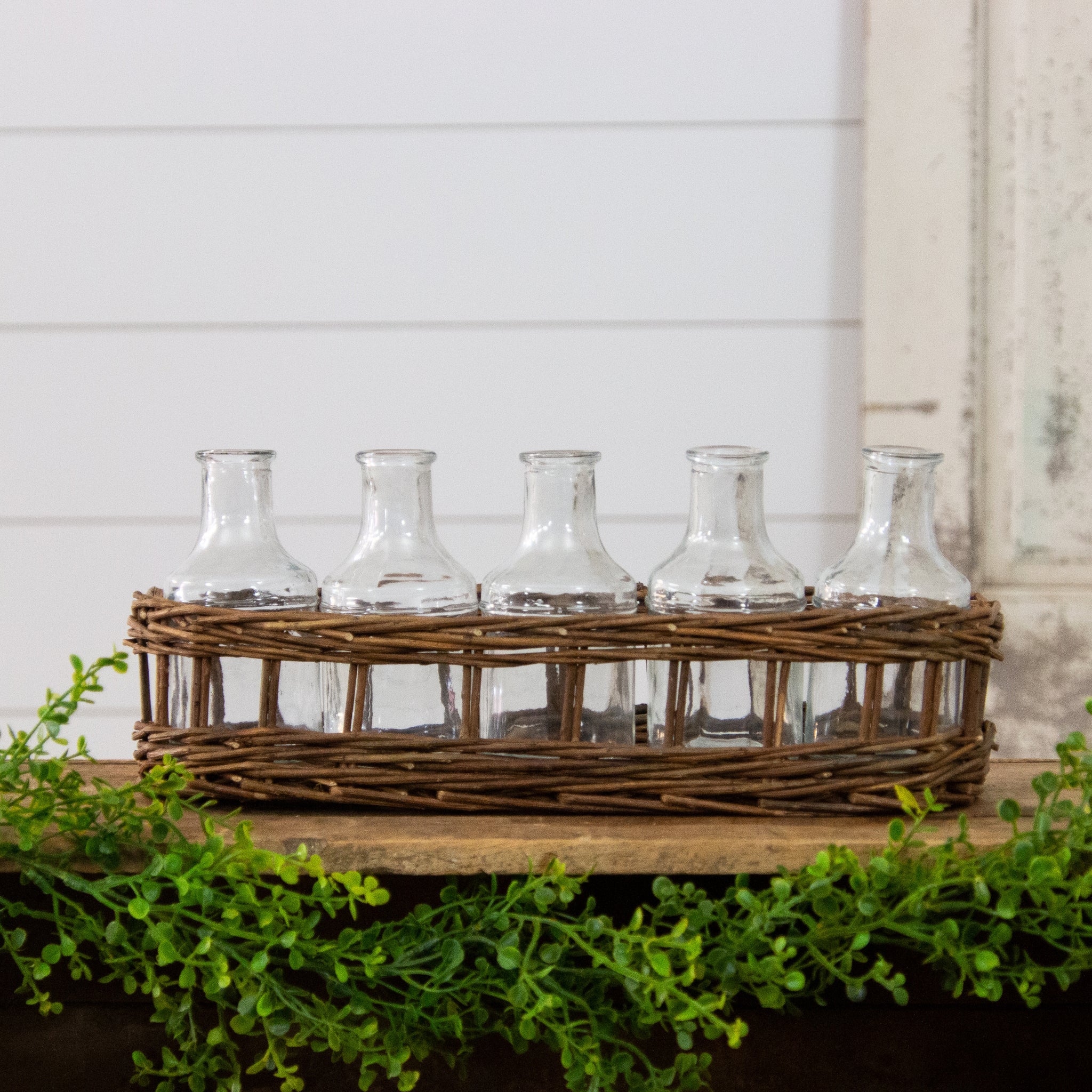 Wicker Basket With Glass Vases