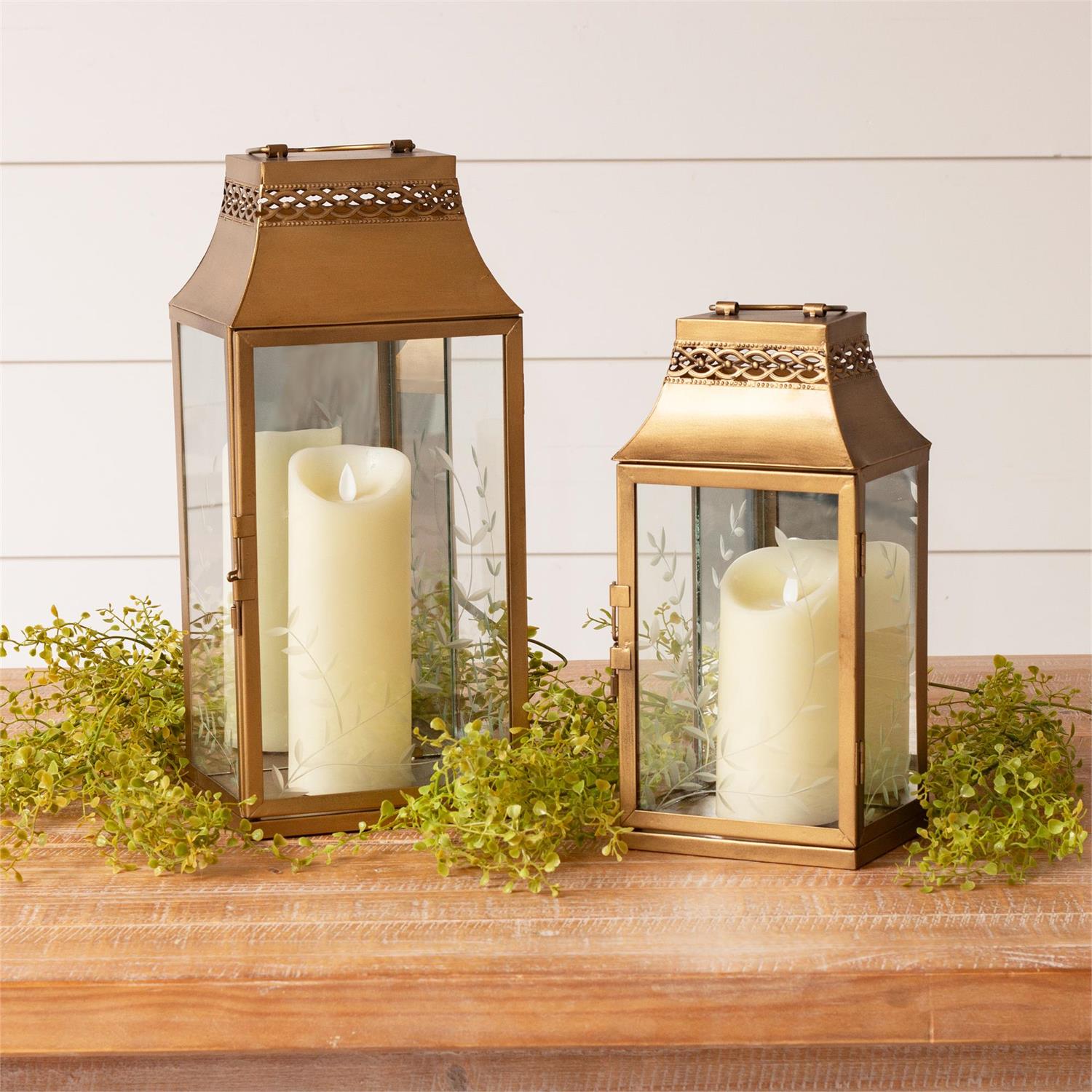 Gold Lantern With Etched Glass Leaf Design