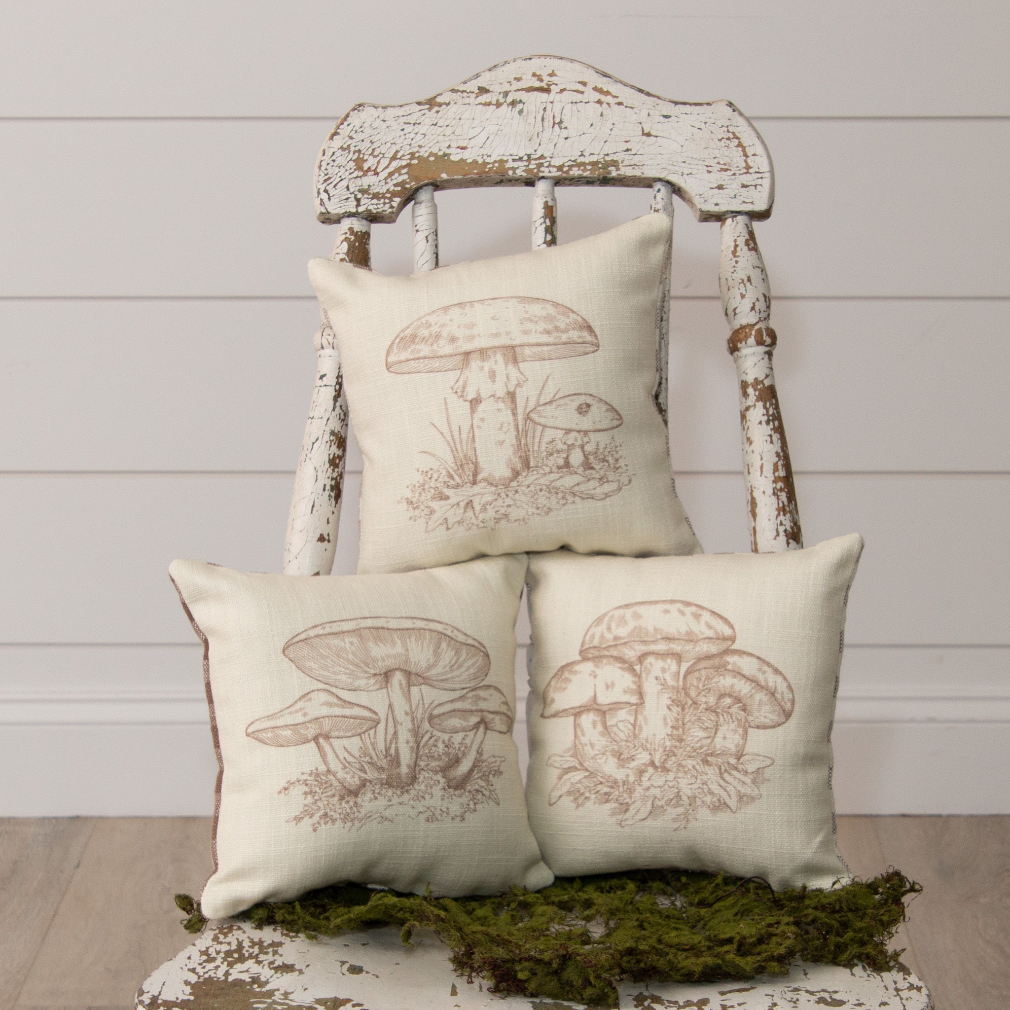 Mushrooms And Tan Check Pillows (S/3)