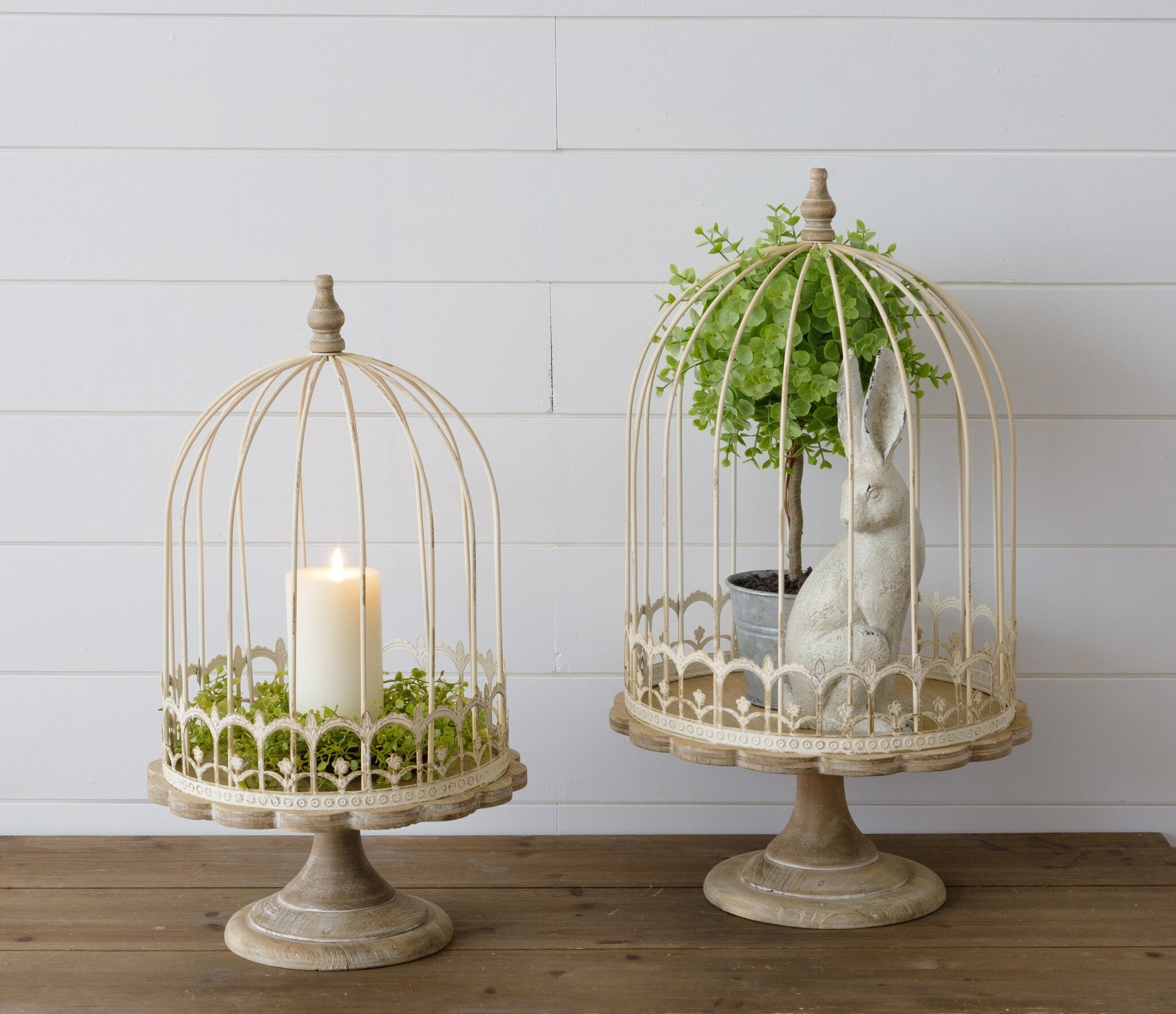 Antique White Birdcages on Stands (S/2)