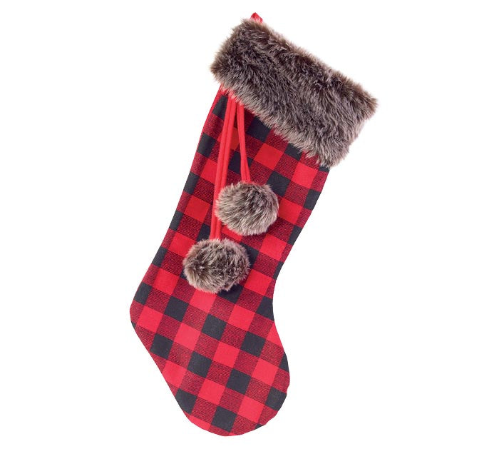 Red / Black Buffalo Plaid Stocking w/ Poms