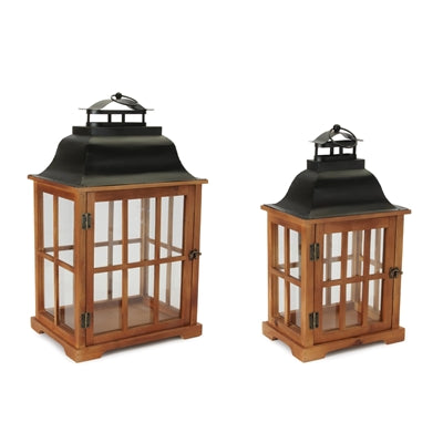 Lantern (Set of 2) 19.5"H, 24.5"H Wood/Glass/Iron