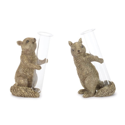 Squirrel w/Vase (2 Asst) 7”H Resin/Glass