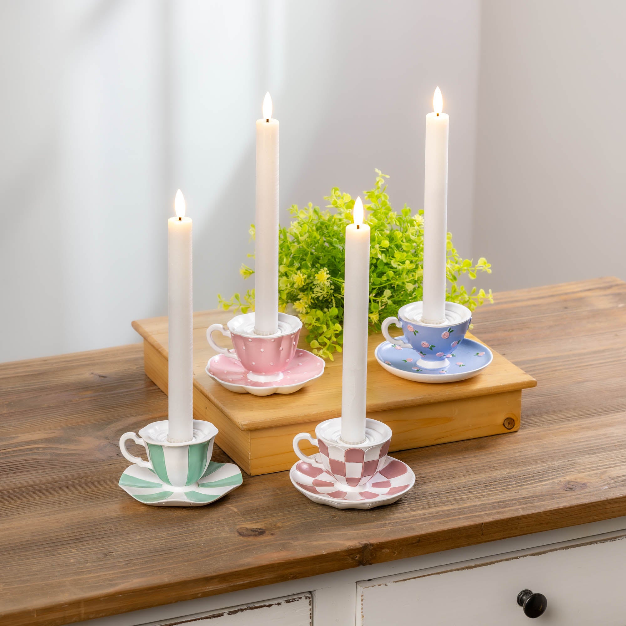 Tea Cup Taper Candle Holder (4 Asst) 2.5”H Resin