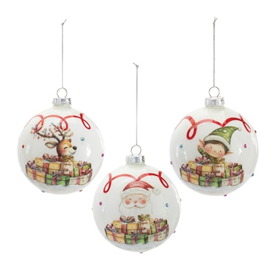 Ball Ornament w/Deer, Elf, Santa (S/3)