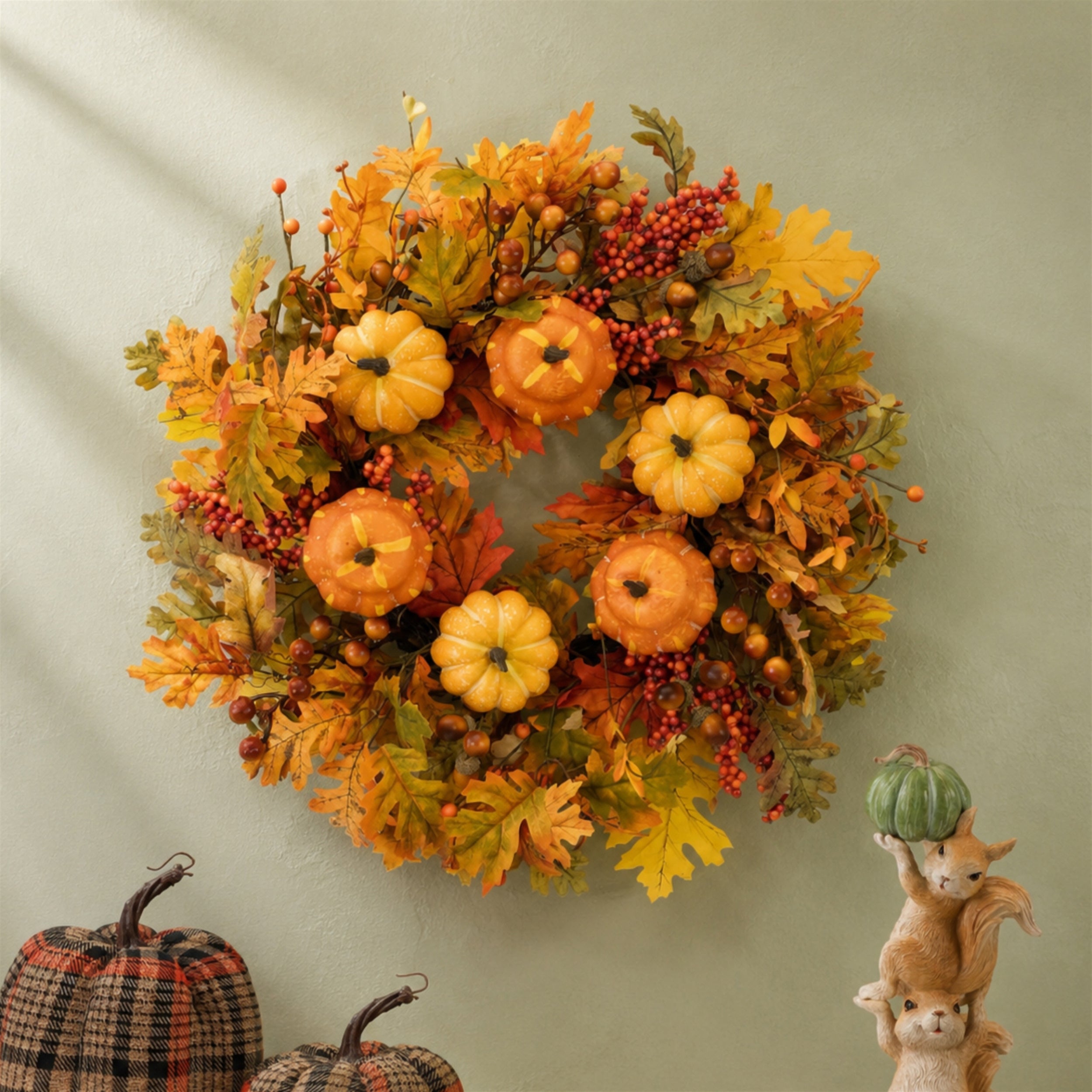 24" Mixed Fall Foliage & Pumpkin Wreath
