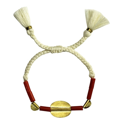 Bracelet, Brass Oval, Red Glass Bead
