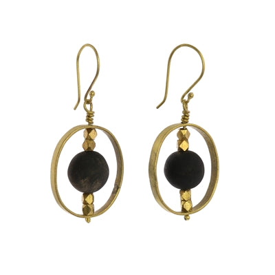 Brass Earrings with Floating Horn Bead - Dark Horn