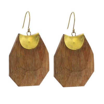 Topanga Earrings, Brass & Faceted Wood - Light Wood